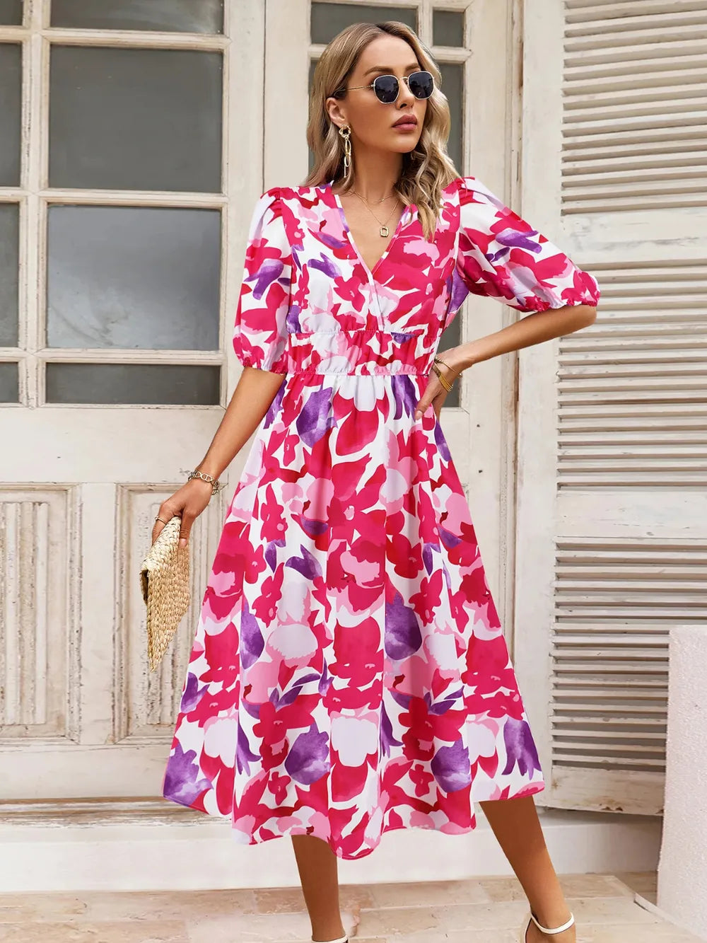 Ruched Printed Surplice Short Sleeve Dress - Korvel