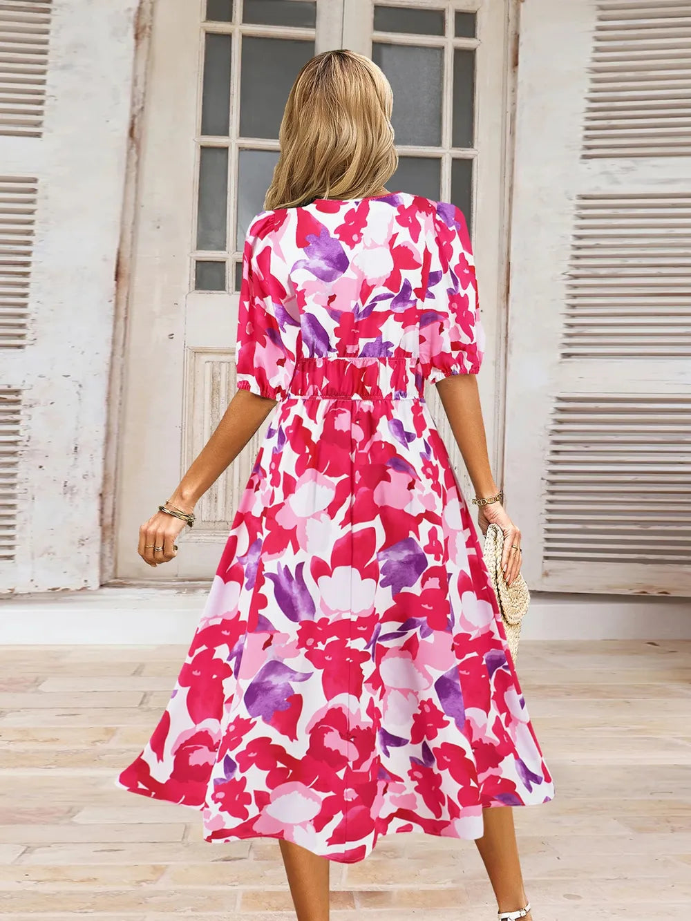Ruched Printed Surplice Short Sleeve Dress - Korvel