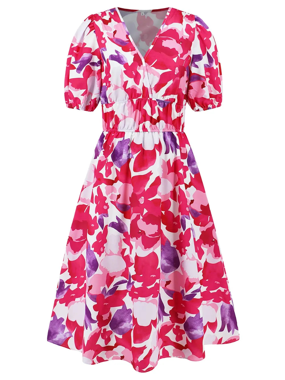 Ruched Printed Surplice Short Sleeve Dress - Korvel