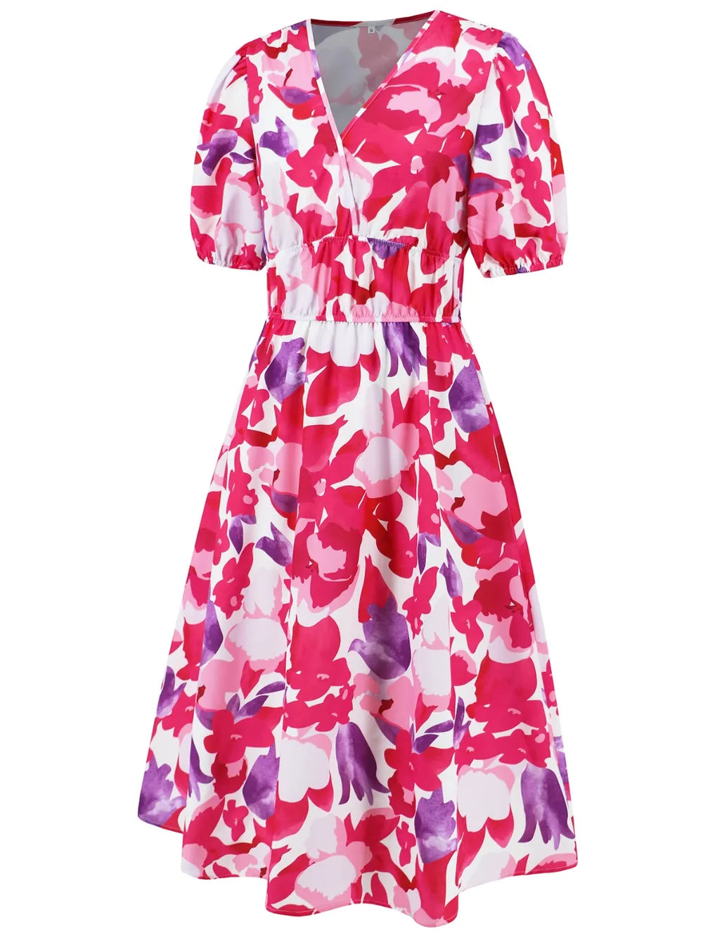Ruched Printed Surplice Short Sleeve Dress - Korvel