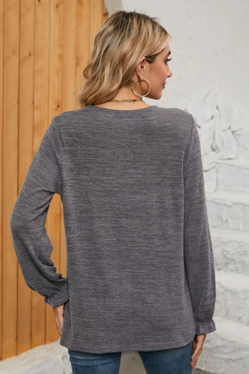 Ruched Round Neck Flounce Sleeve T-Shirt - Korvel