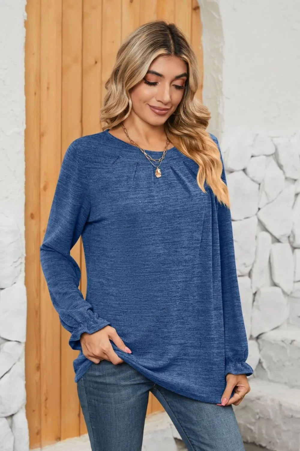 Ruched Round Neck Flounce Sleeve T-Shirt - Korvel