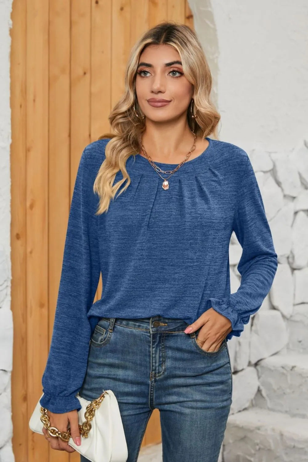 Ruched Round Neck Flounce Sleeve T-Shirt - Korvel