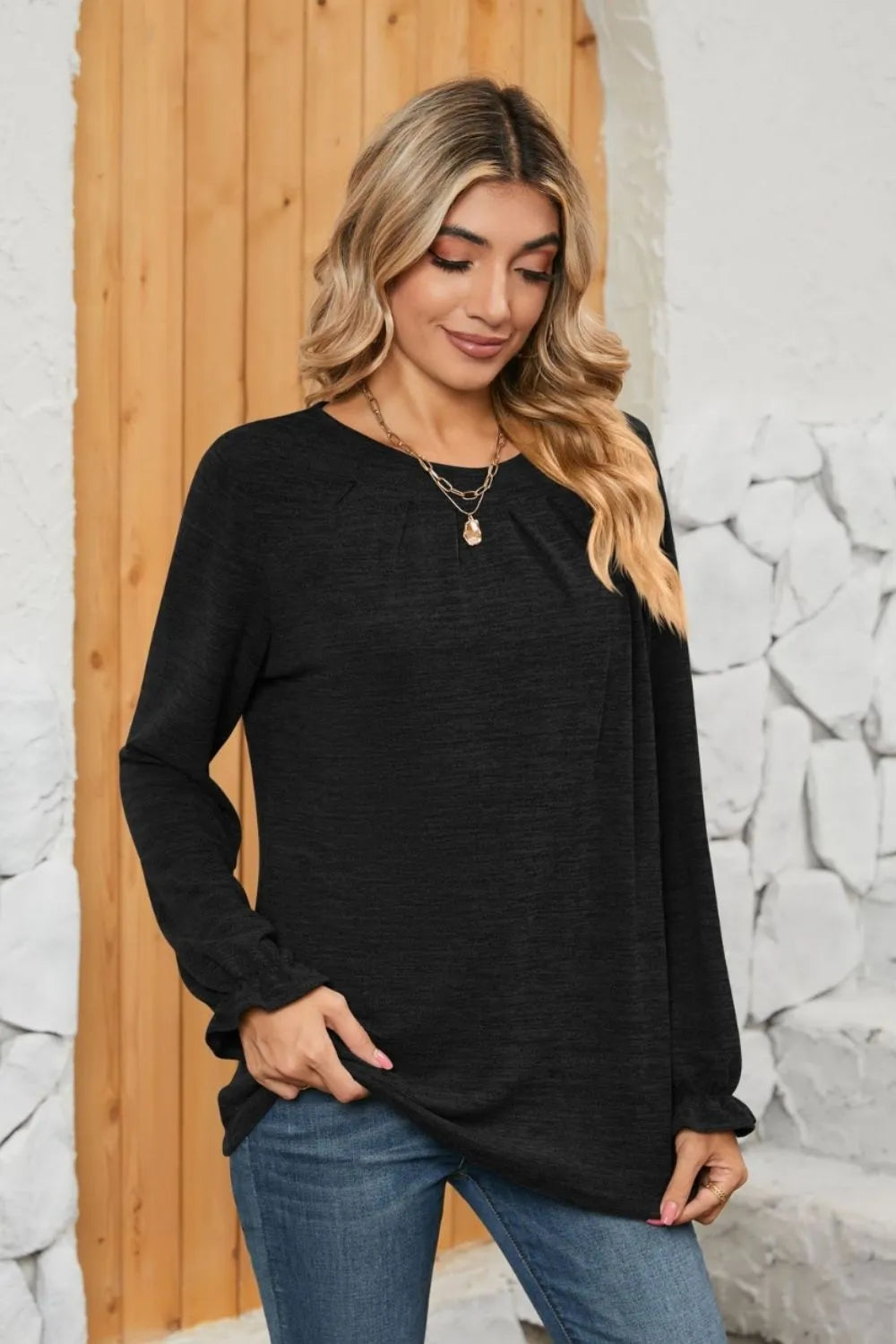 Ruched Round Neck Flounce Sleeve T-Shirt - Korvel