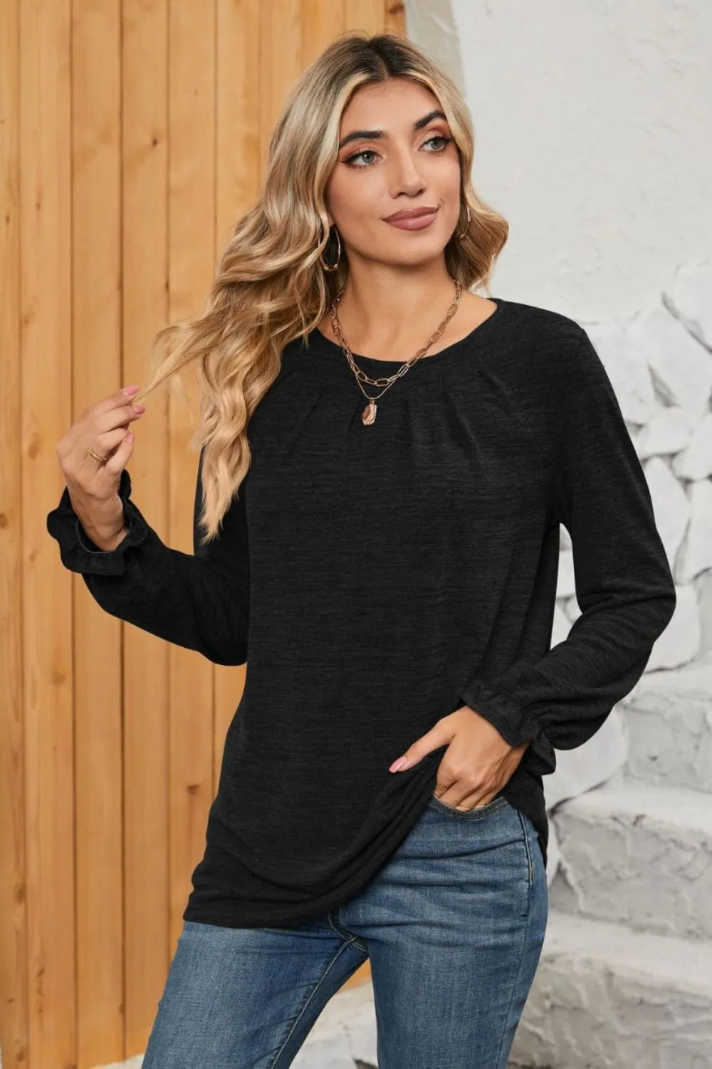 Ruched Round Neck Flounce Sleeve T-Shirt - Korvel
