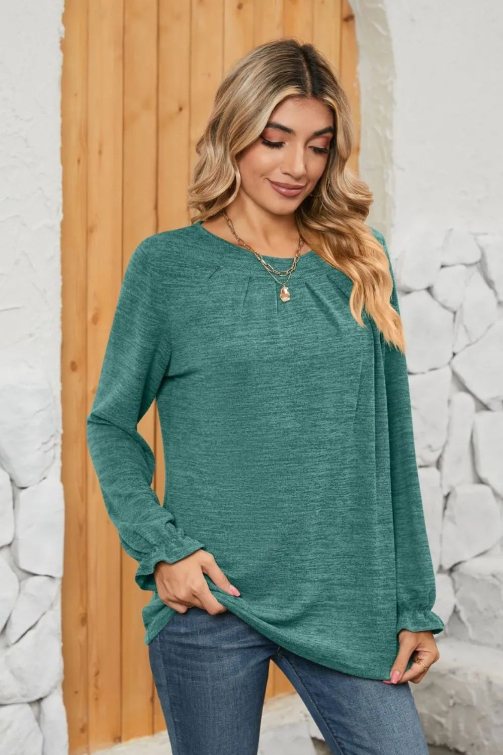 Ruched Round Neck Flounce Sleeve T-Shirt - Korvel