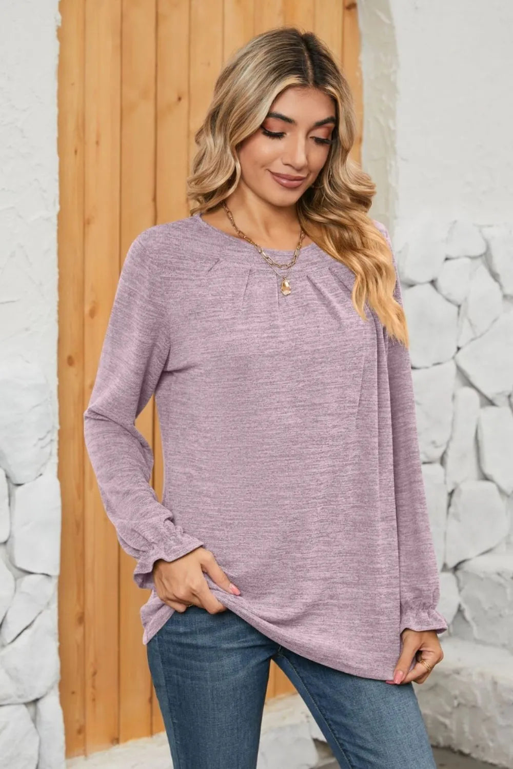 Ruched Round Neck Flounce Sleeve T-Shirt - Korvel
