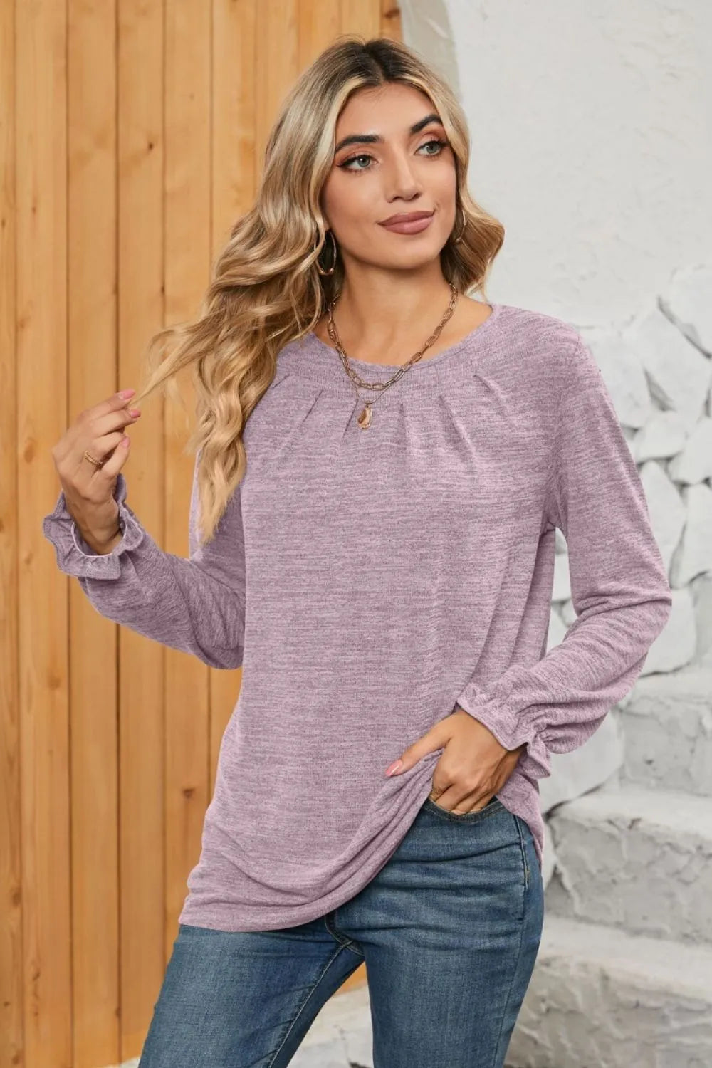 Ruched Round Neck Flounce Sleeve T-Shirt - Korvel