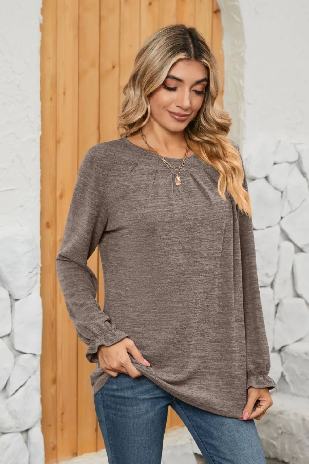 Ruched Round Neck Flounce Sleeve T-Shirt - Korvel