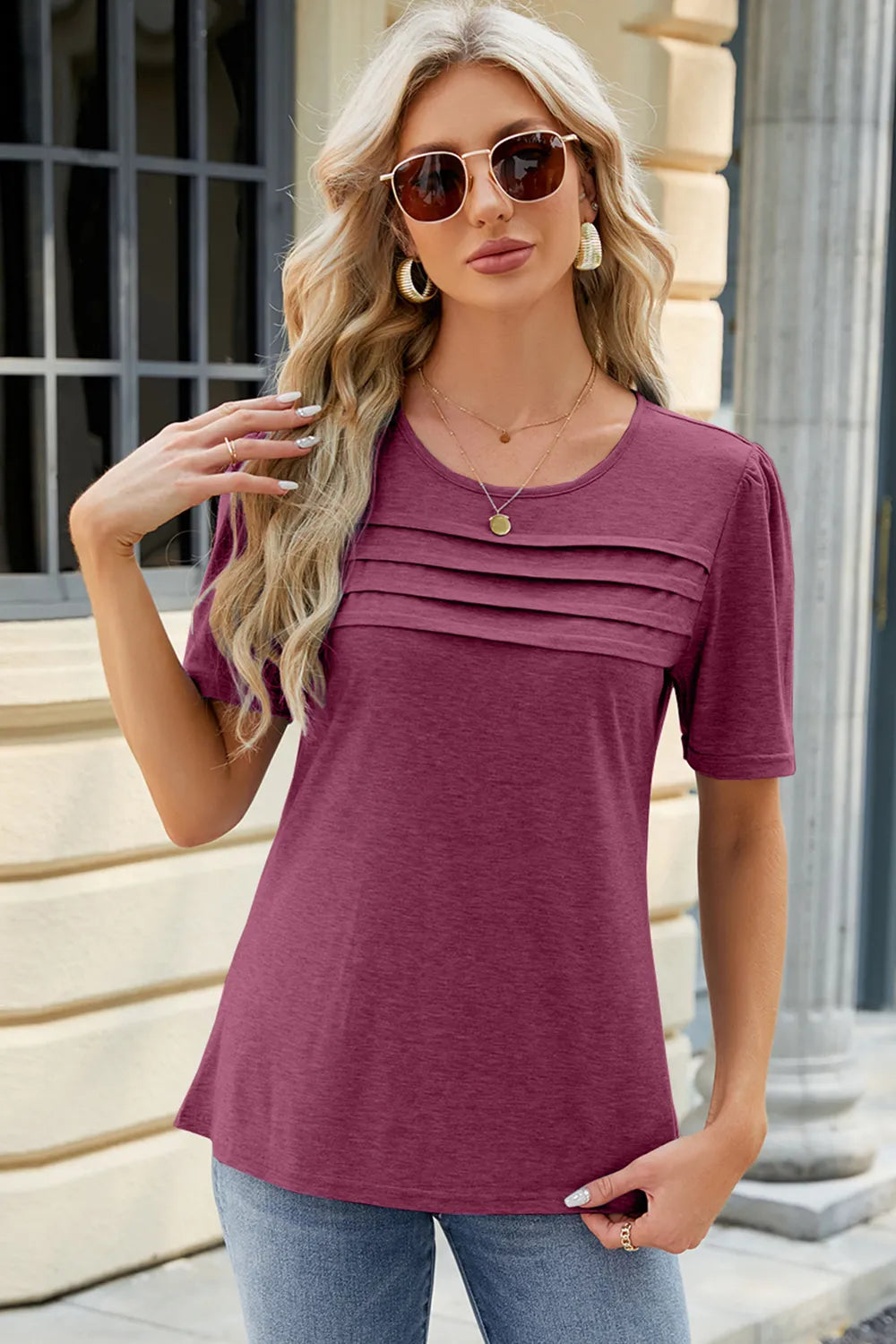 Camiseta de Manga Corta con Cuello Redondo Fruncido
