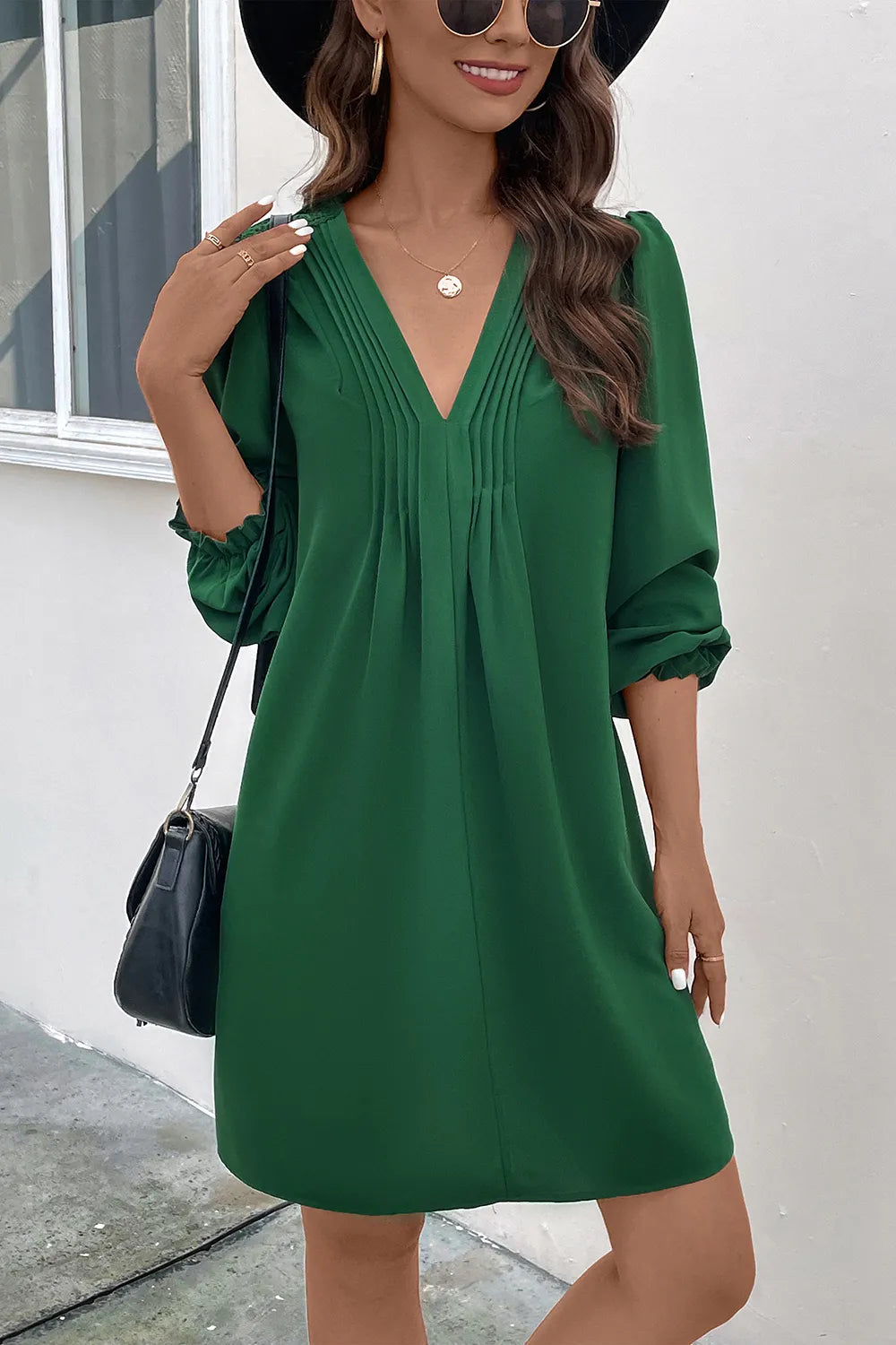 Ruched V-Neck Flounce Sleeve Dress - Korvel