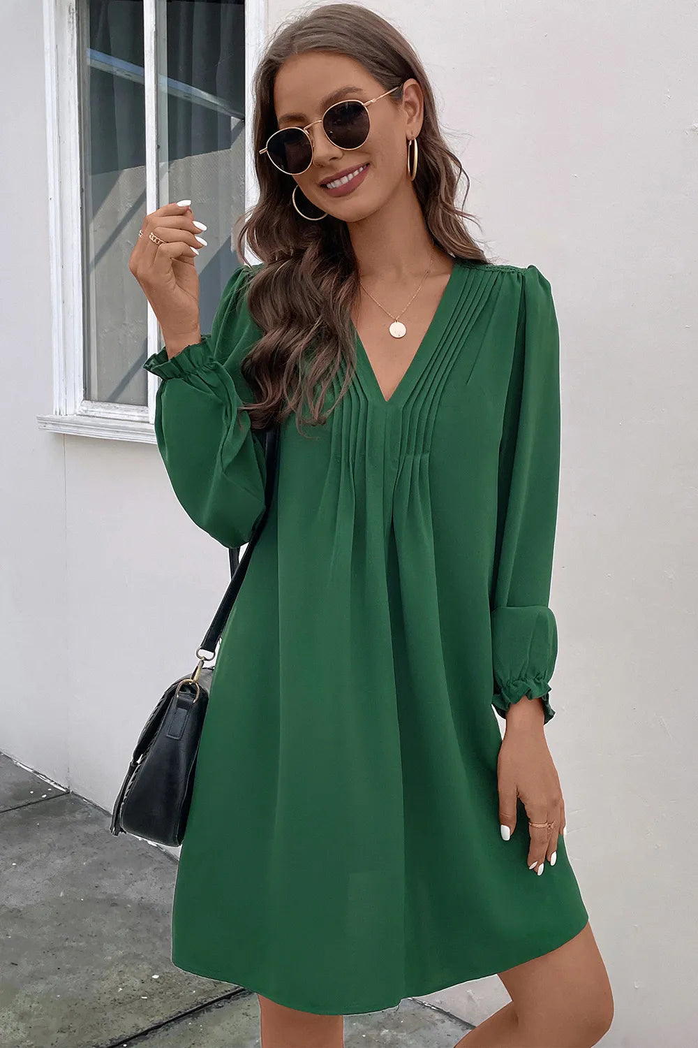 Ruched V-Neck Flounce Sleeve Dress - Korvel