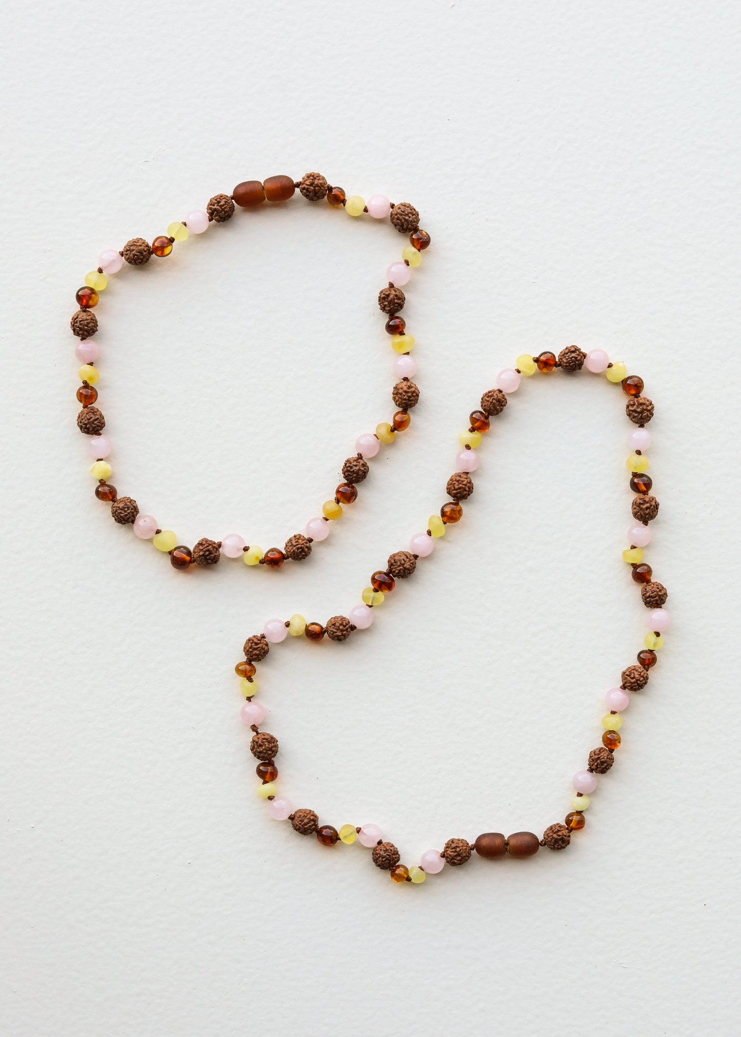 Cognac Baltic Sea Amber + Rudraksha || Rose Quartz || Necklace Set - Korvel