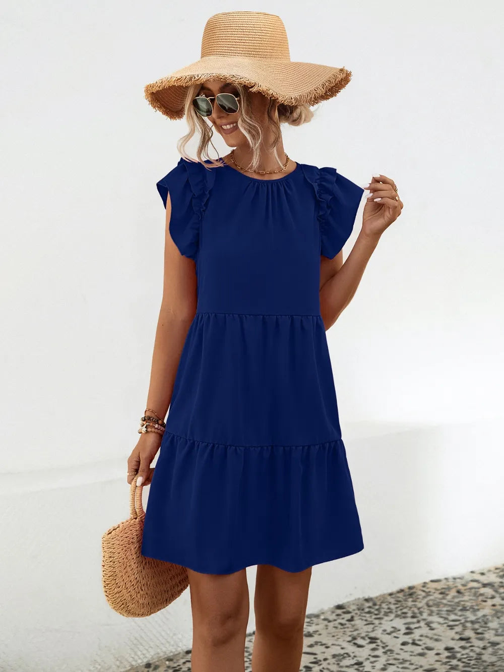 Ruffled Round Neck Cap Sleeve Mini Dress - Korvel