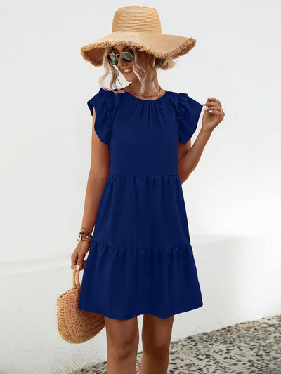 Ruffled Round Neck Cap Sleeve Mini Dress - Korvel