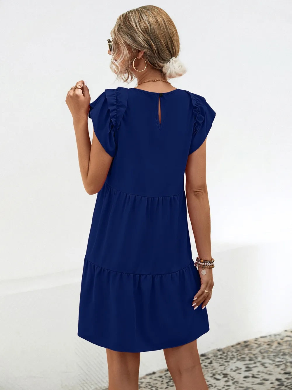 Ruffled Round Neck Cap Sleeve Mini Dress - Korvel