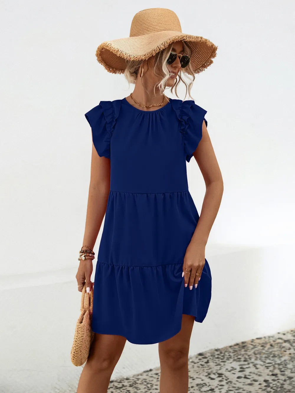 Ruffled Round Neck Cap Sleeve Mini Dress - Korvel