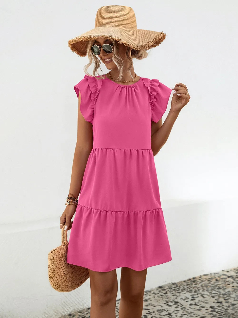 Ruffled Round Neck Cap Sleeve Mini Dress - Korvel