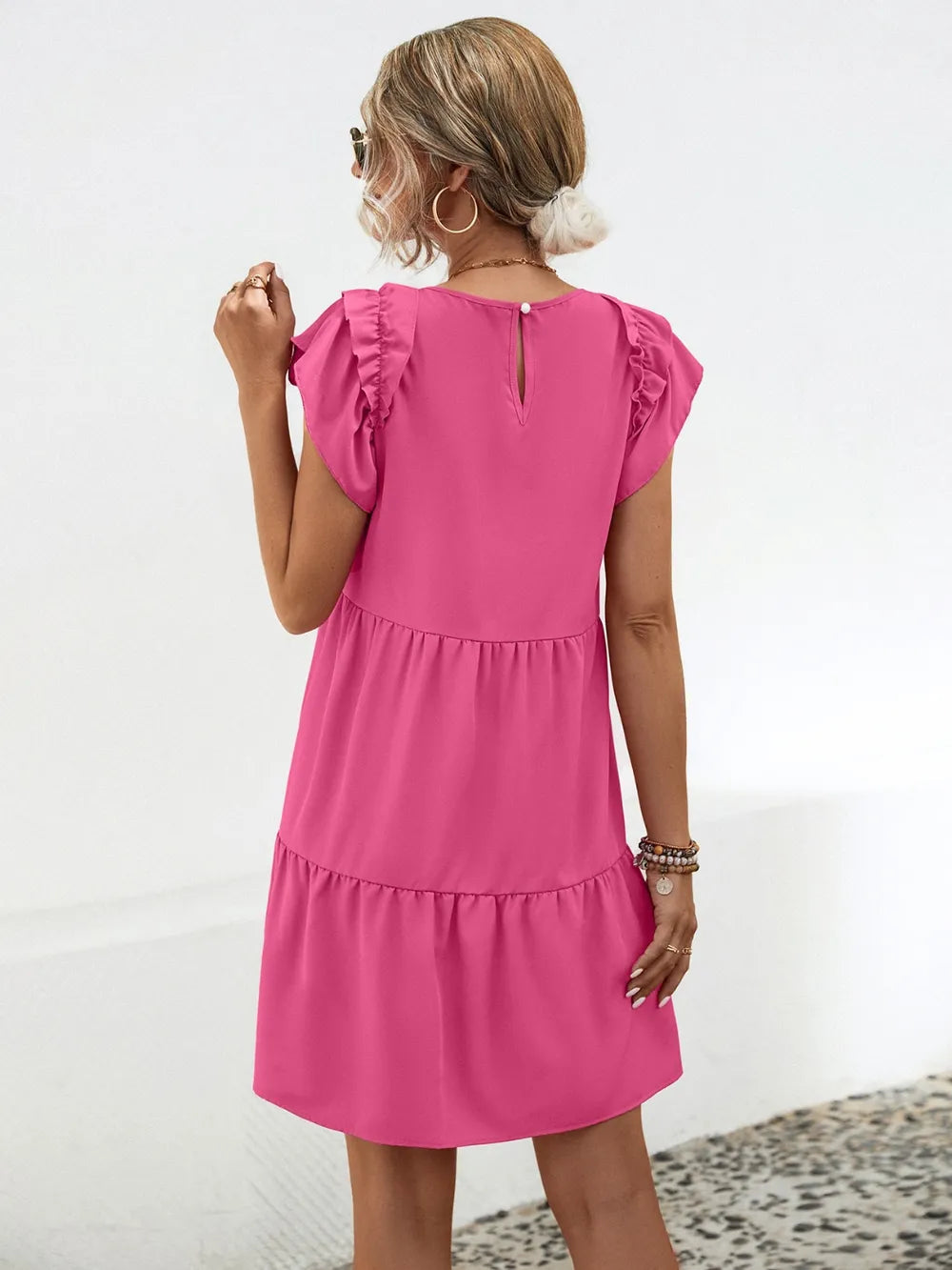 Ruffled Round Neck Cap Sleeve Mini Dress - Korvel