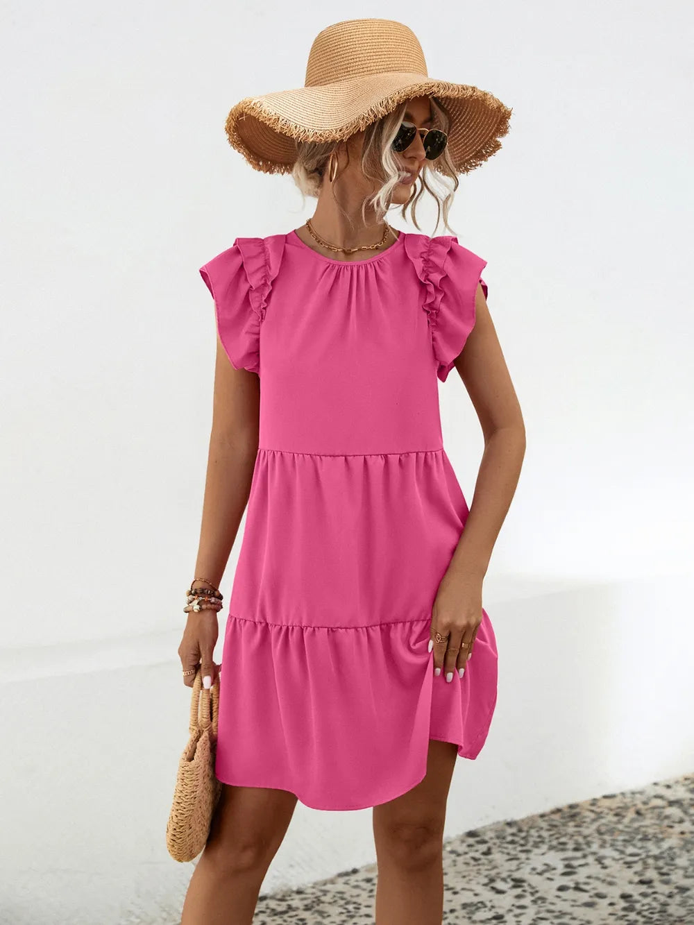 Ruffled Round Neck Cap Sleeve Mini Dress - Korvel