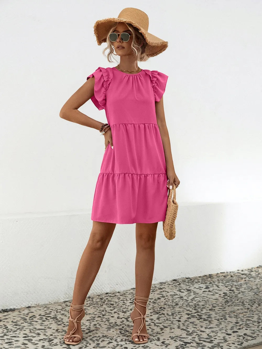 Ruffled Round Neck Cap Sleeve Mini Dress - Korvel
