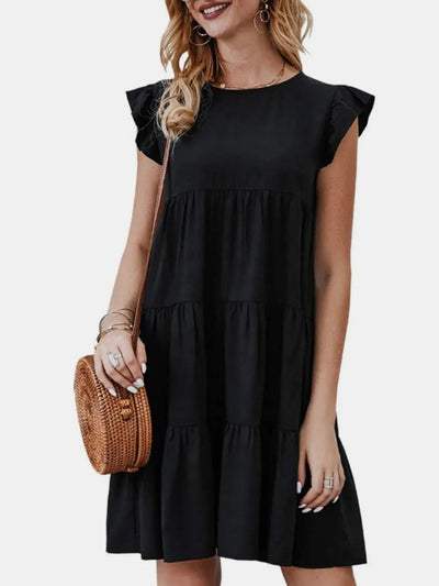 Ruffled Round Neck Cap Sleeve Mini Dress - Korvel