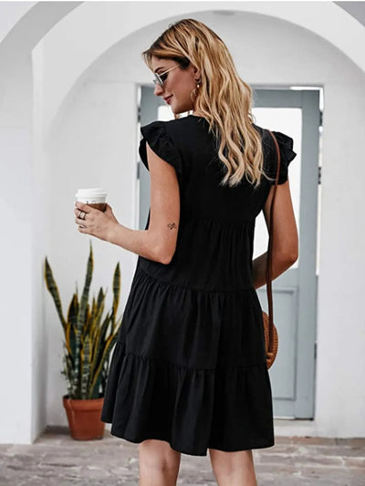 Ruffled Round Neck Cap Sleeve Mini Dress - Korvel