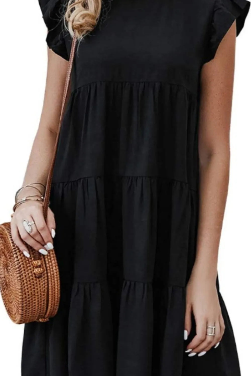 Ruffled Round Neck Cap Sleeve Mini Dress - Korvel