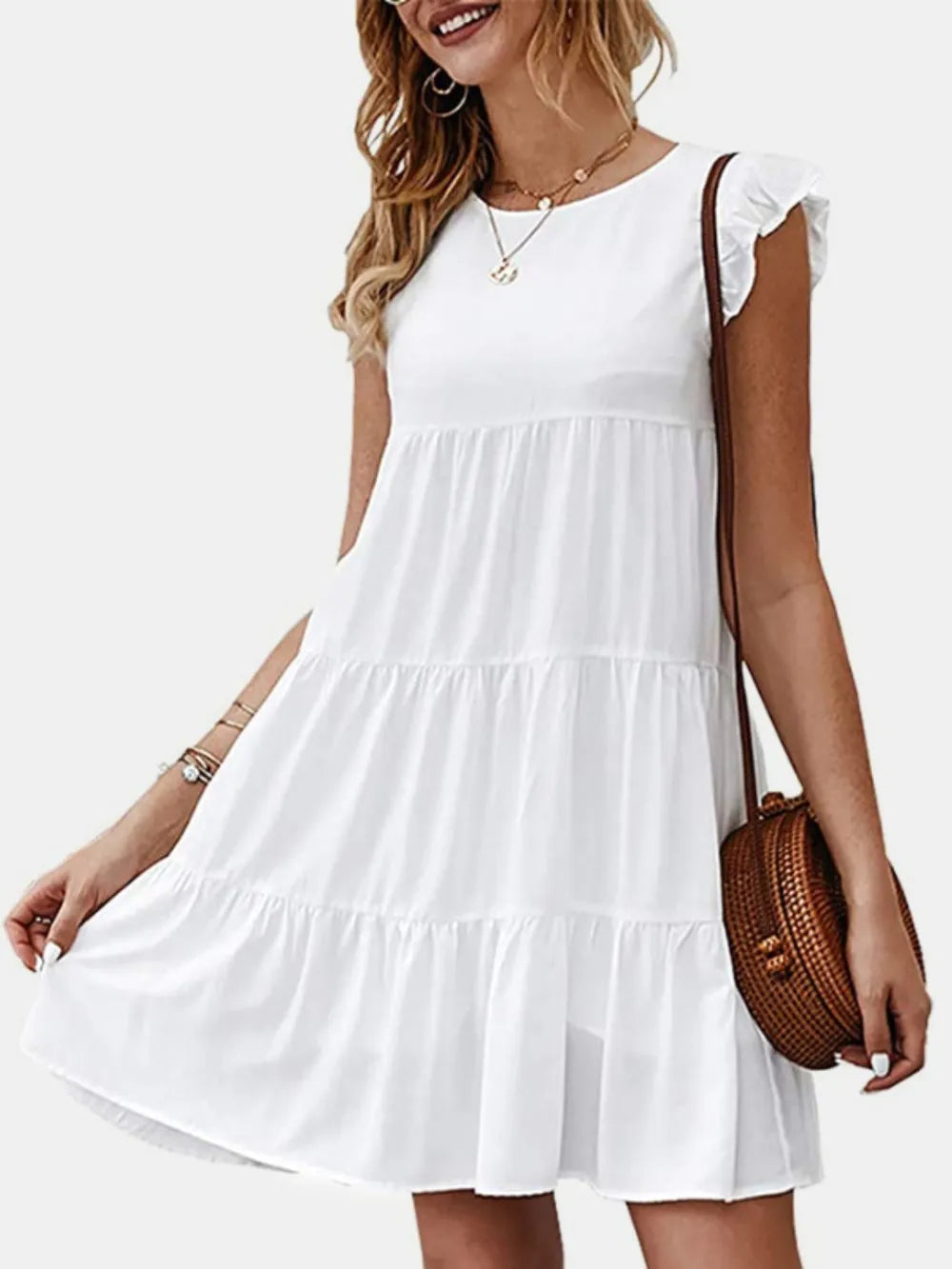 Ruffled Round Neck Cap Sleeve Mini Dress - Korvel