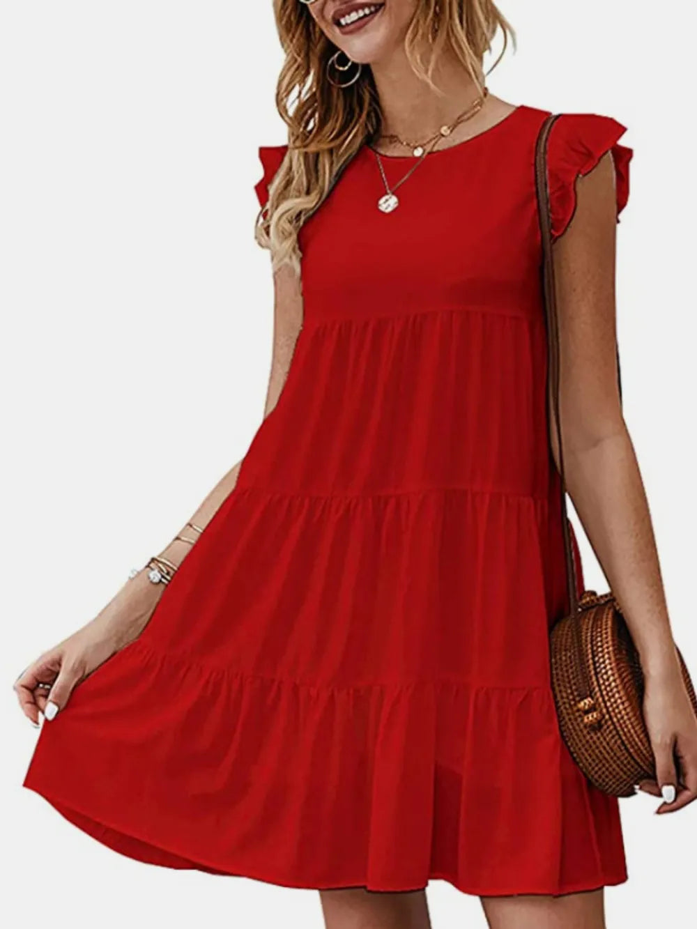 Ruffled Round Neck Cap Sleeve Mini Dress - Korvel