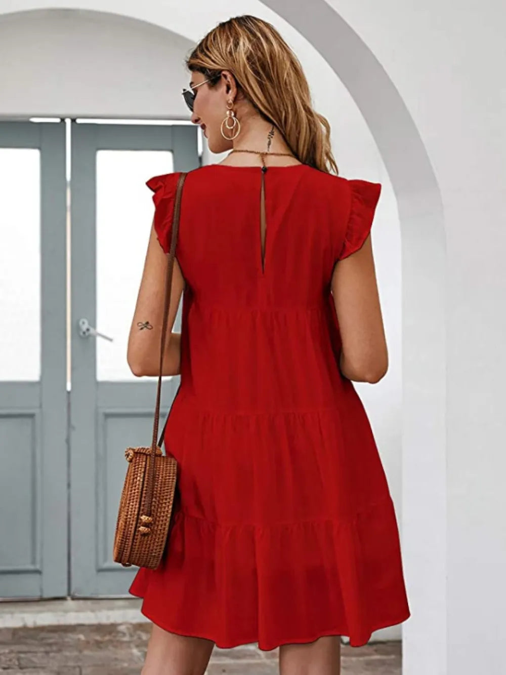 Ruffled Round Neck Cap Sleeve Mini Dress - Korvel