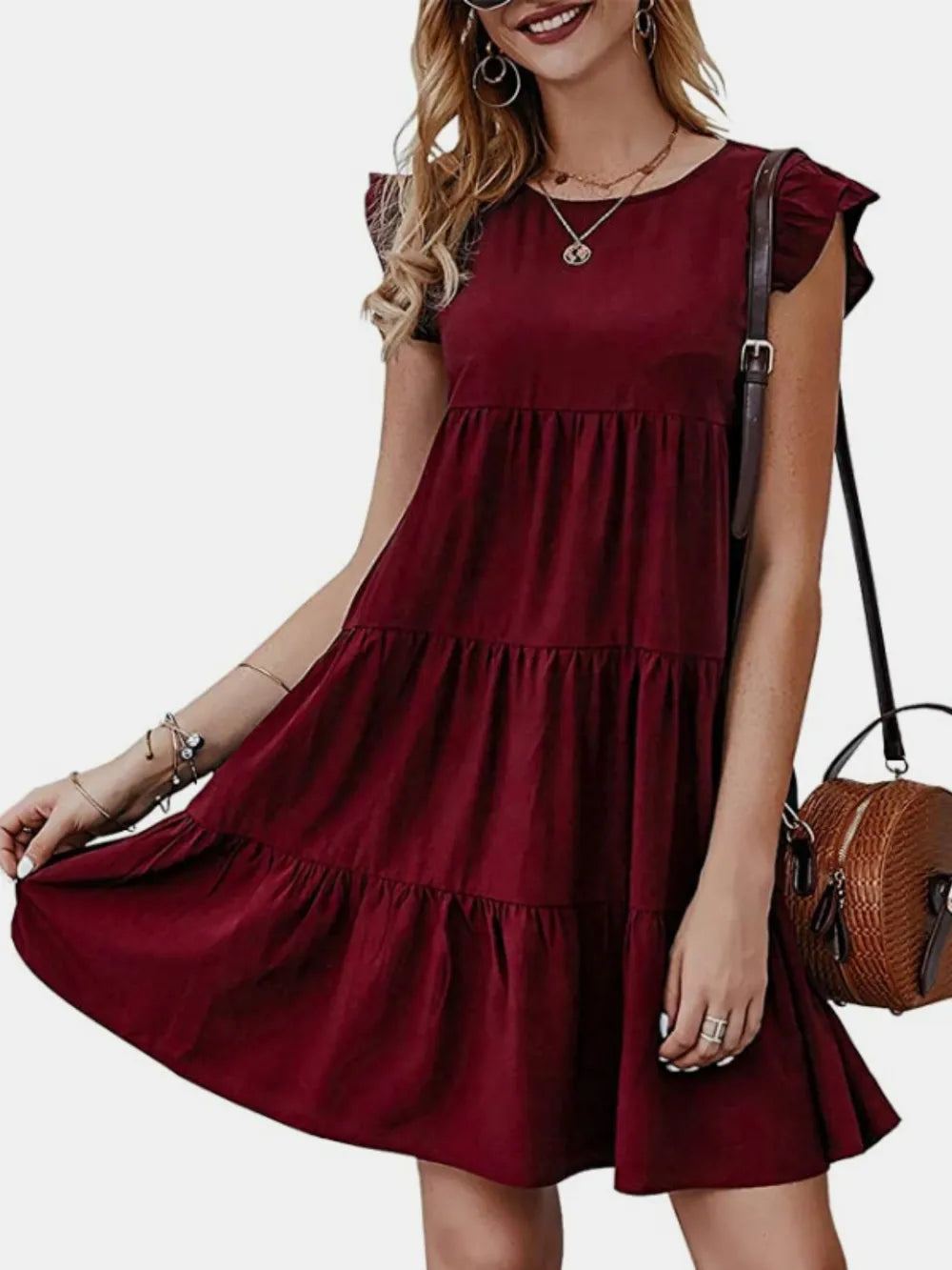 Ruffled Round Neck Cap Sleeve Mini Dress - Korvel