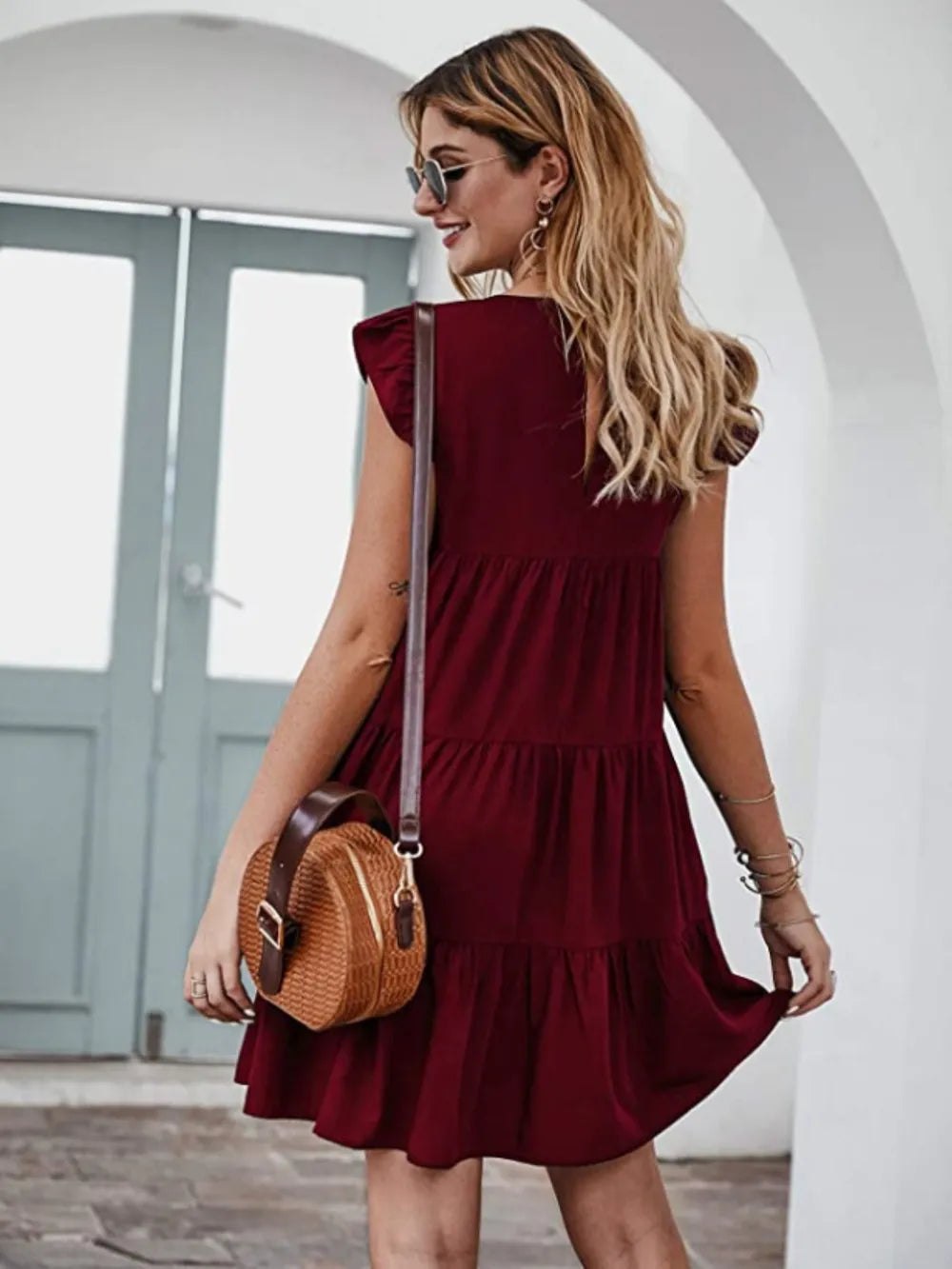 Ruffled Round Neck Cap Sleeve Mini Dress - Korvel