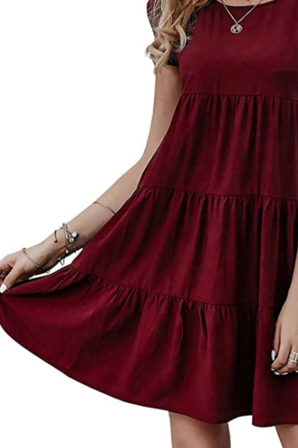 Ruffled Round Neck Cap Sleeve Mini Dress - Korvel