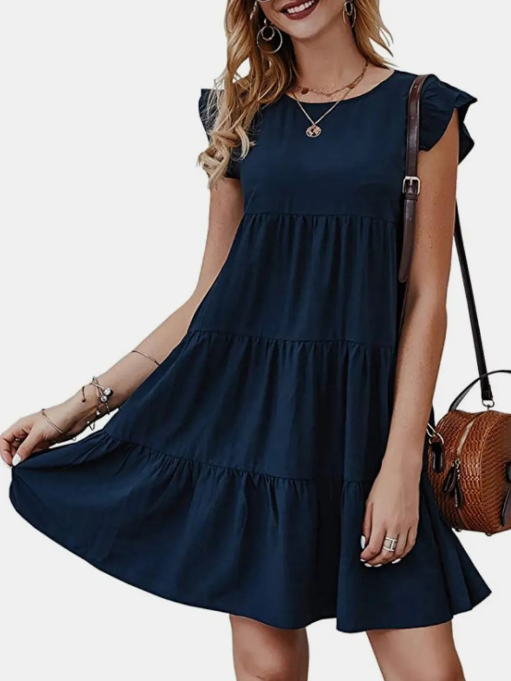 Ruffled Round Neck Cap Sleeve Mini Dress - Korvel
