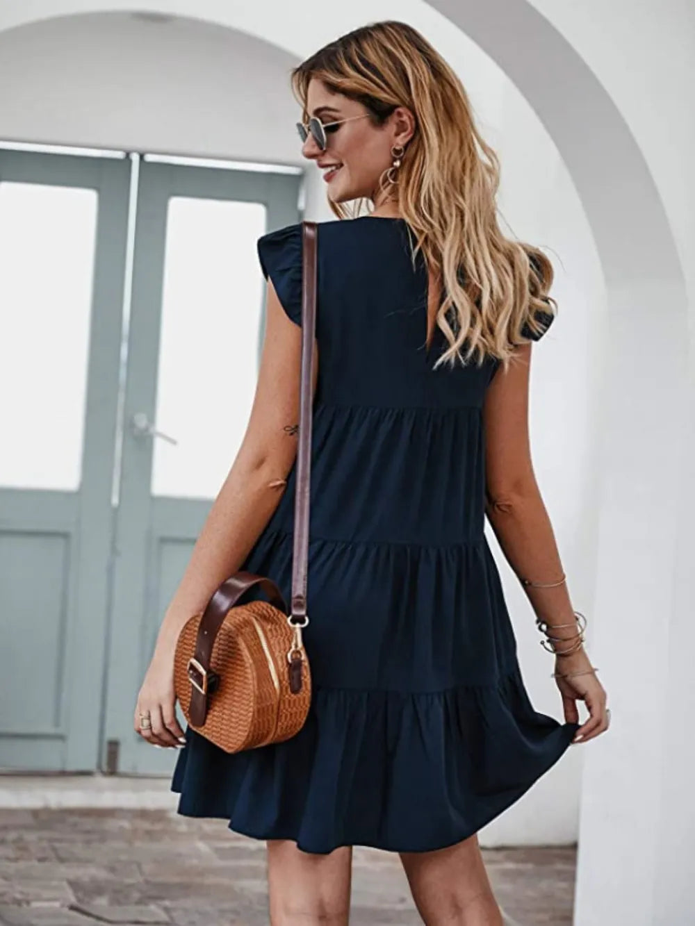Ruffled Round Neck Cap Sleeve Mini Dress - Korvel