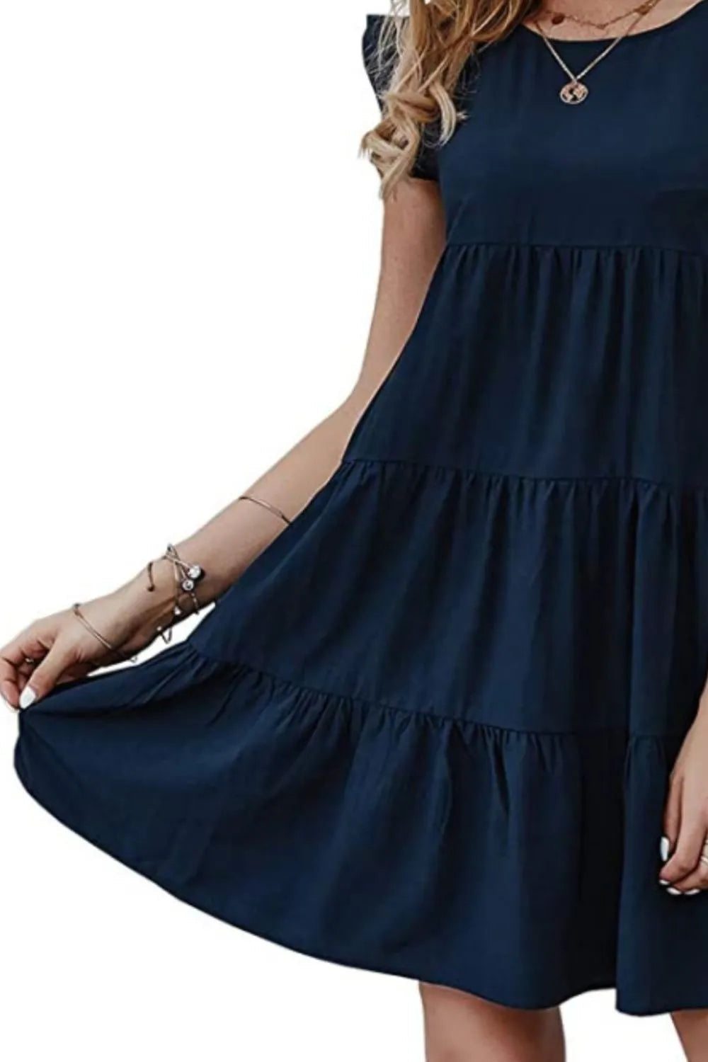 Ruffled Round Neck Cap Sleeve Mini Dress - Korvel