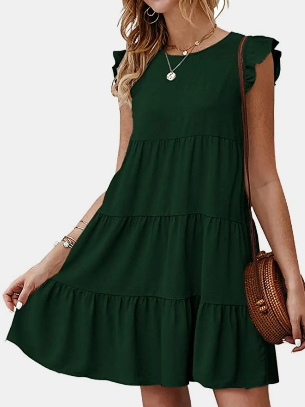 Ruffled Round Neck Cap Sleeve Mini Dress - Korvel