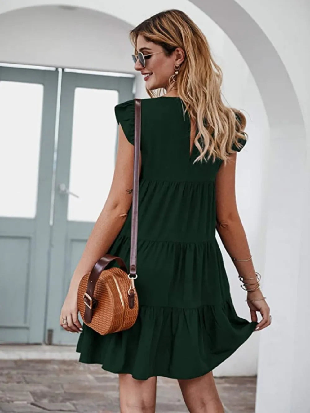 Ruffled Round Neck Cap Sleeve Mini Dress - Korvel