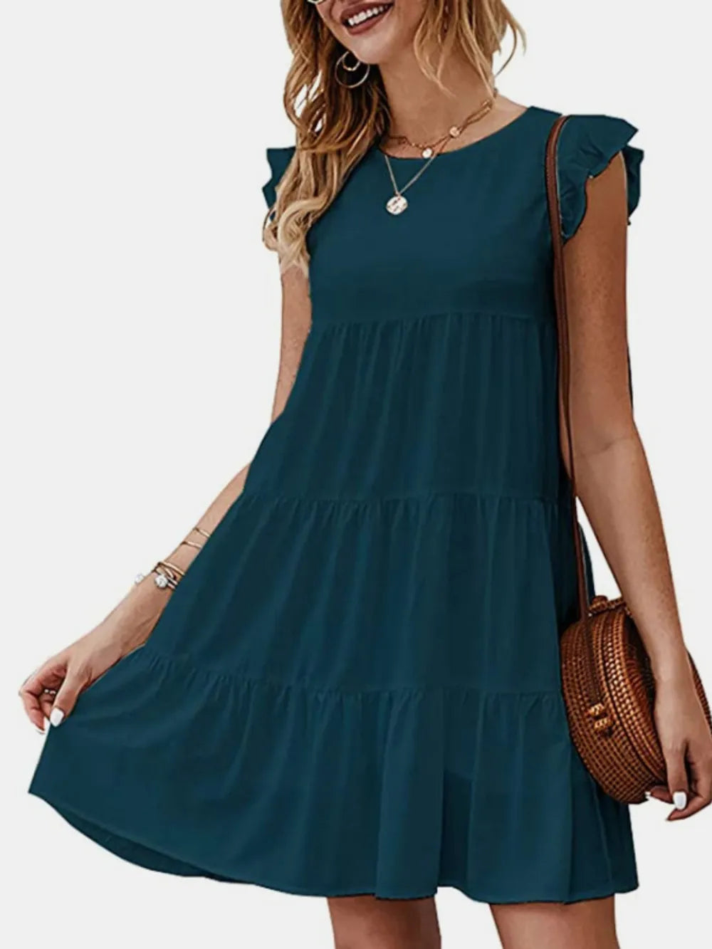 Ruffled Round Neck Cap Sleeve Mini Dress - Korvel