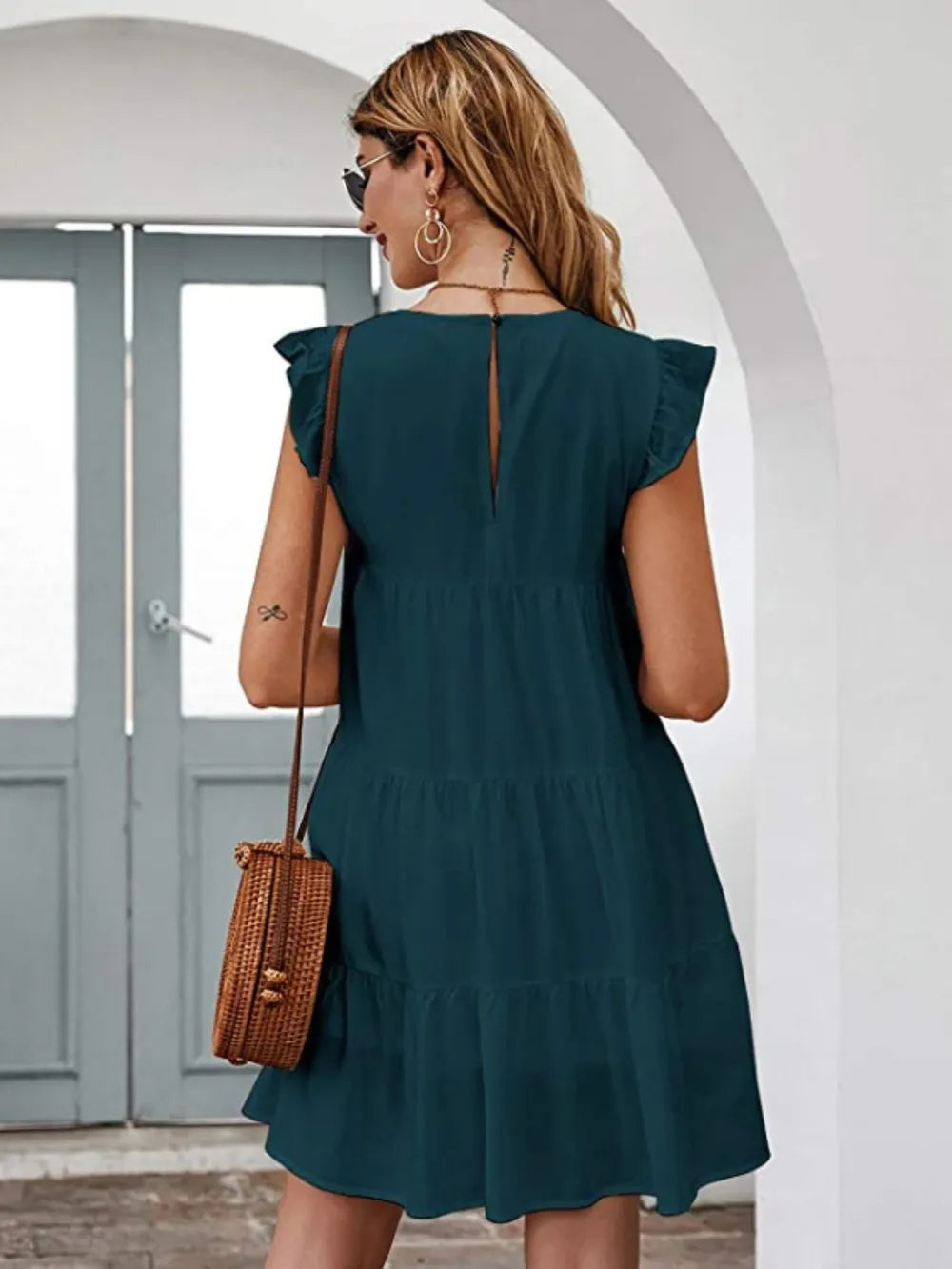 Ruffled Round Neck Cap Sleeve Mini Dress - Korvel
