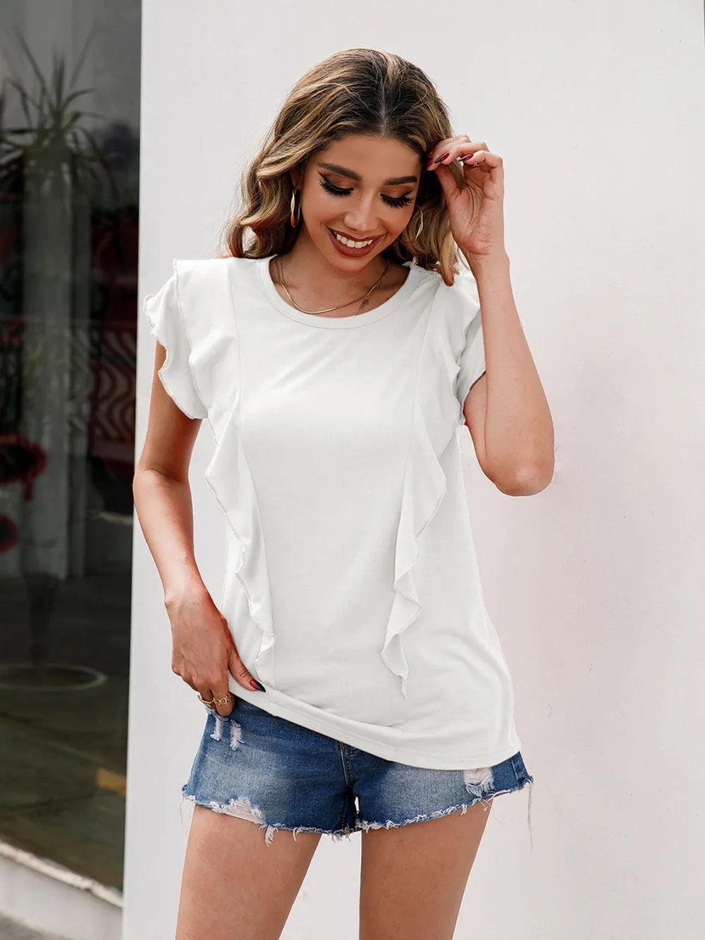 Ruffled Round Neck Cap Sleeve T-Shirt - Korvel