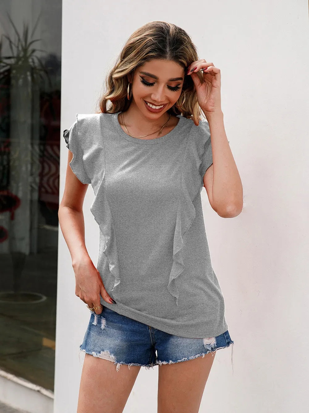 Ruffled Round Neck Cap Sleeve T-Shirt - Korvel