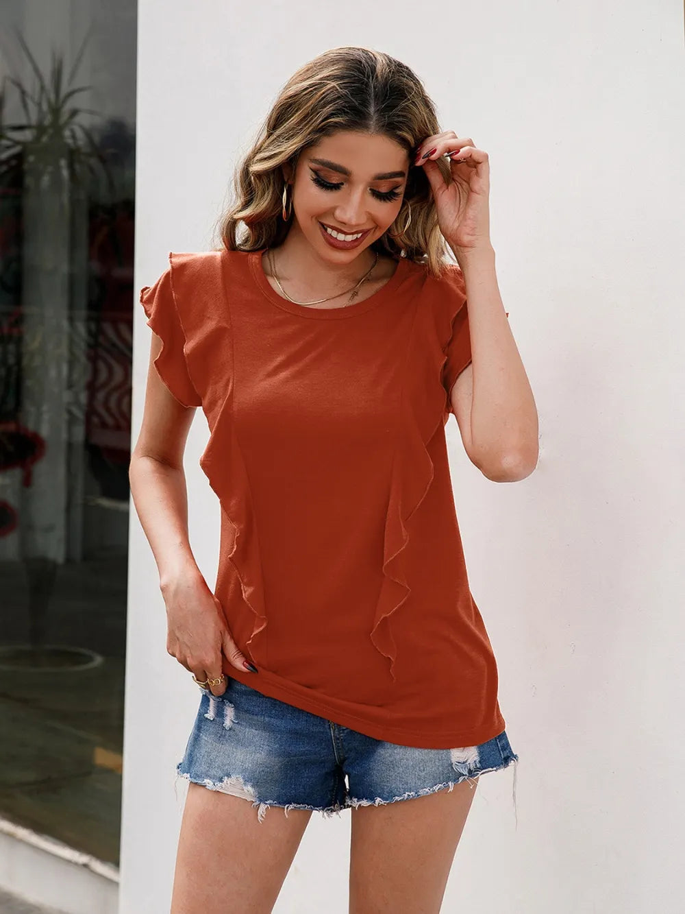 Ruffled Round Neck Cap Sleeve T-Shirt - Korvel