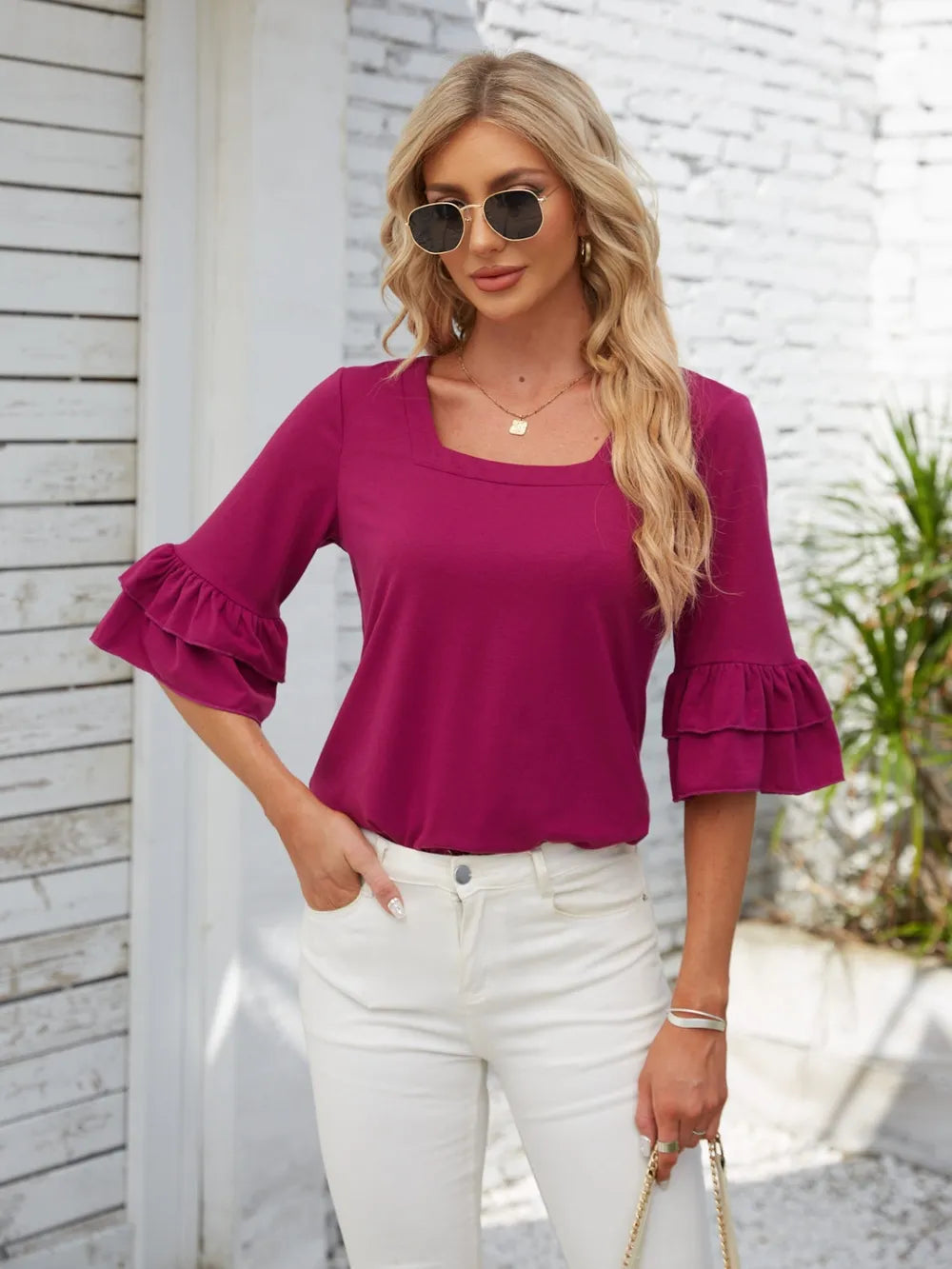 Ruffled Suqare Neck Half Sleeve Blouse - Korvel