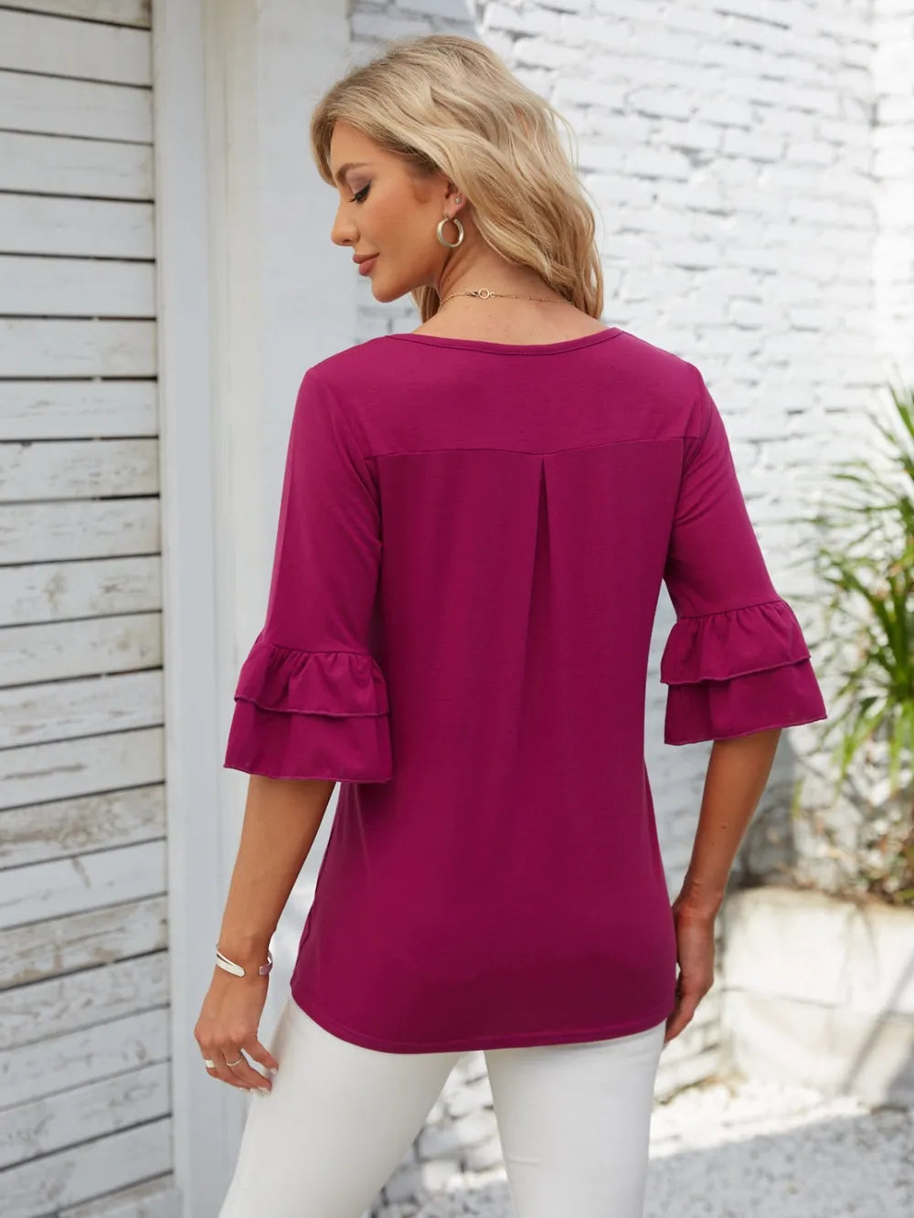 Ruffled Suqare Neck Half Sleeve Blouse - Korvel