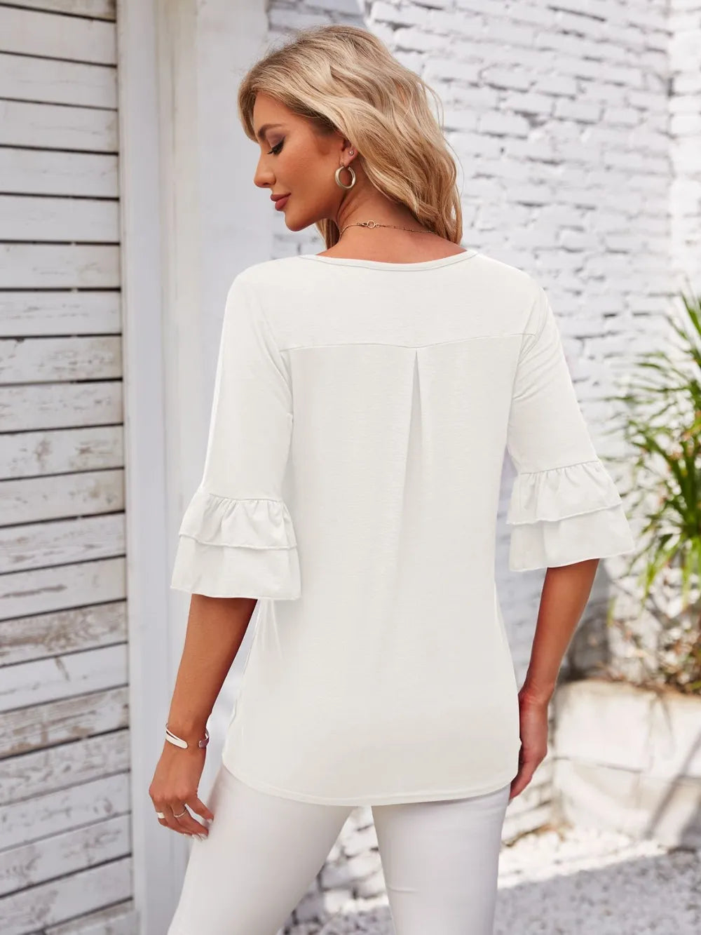 Ruffled Suqare Neck Half Sleeve Blouse - Korvel