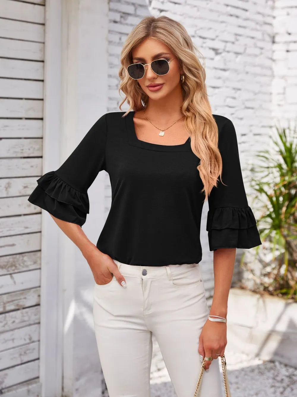 Ruffled Suqare Neck Half Sleeve Blouse - Korvel