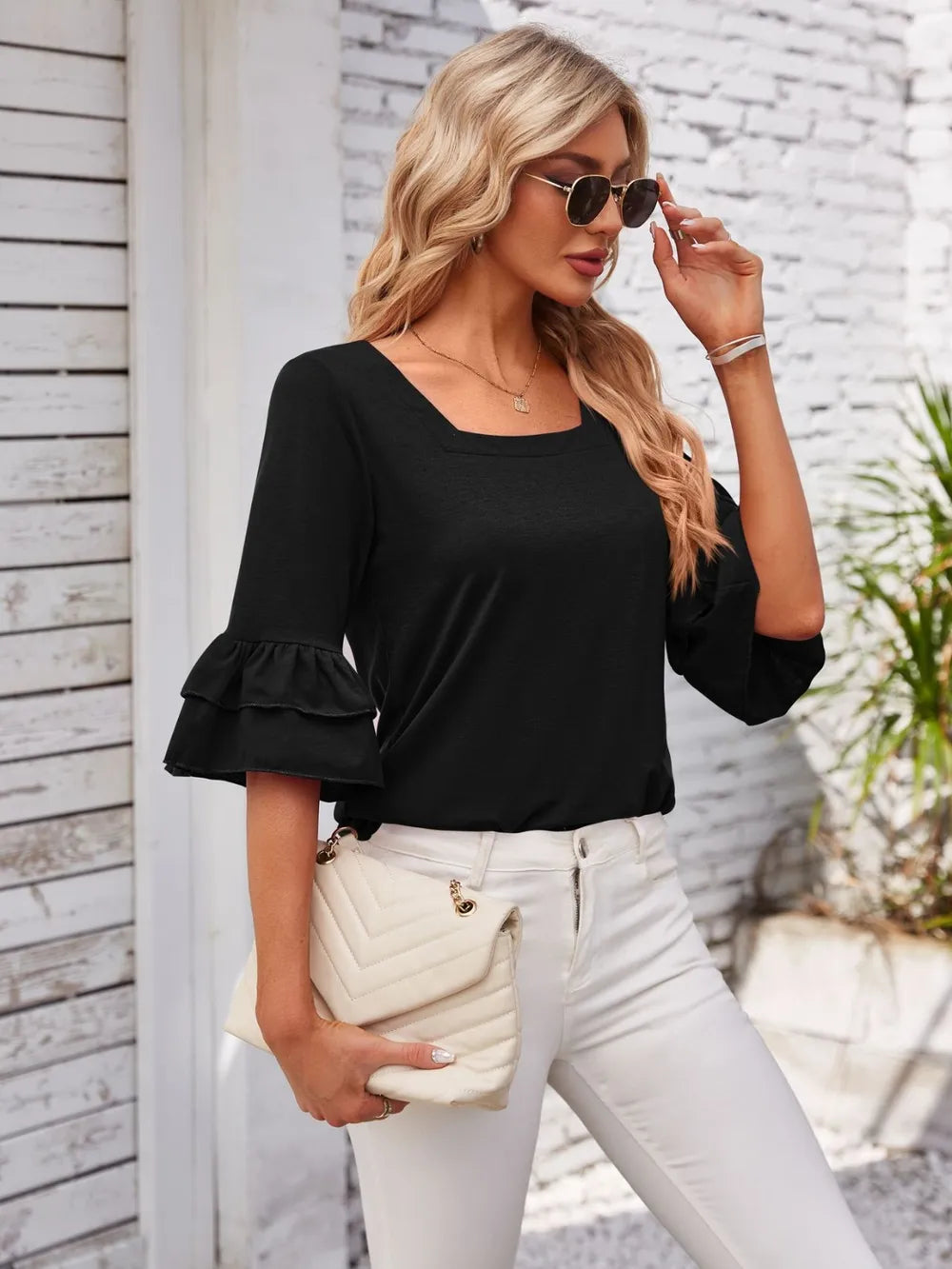 Ruffled Suqare Neck Half Sleeve Blouse - Korvel