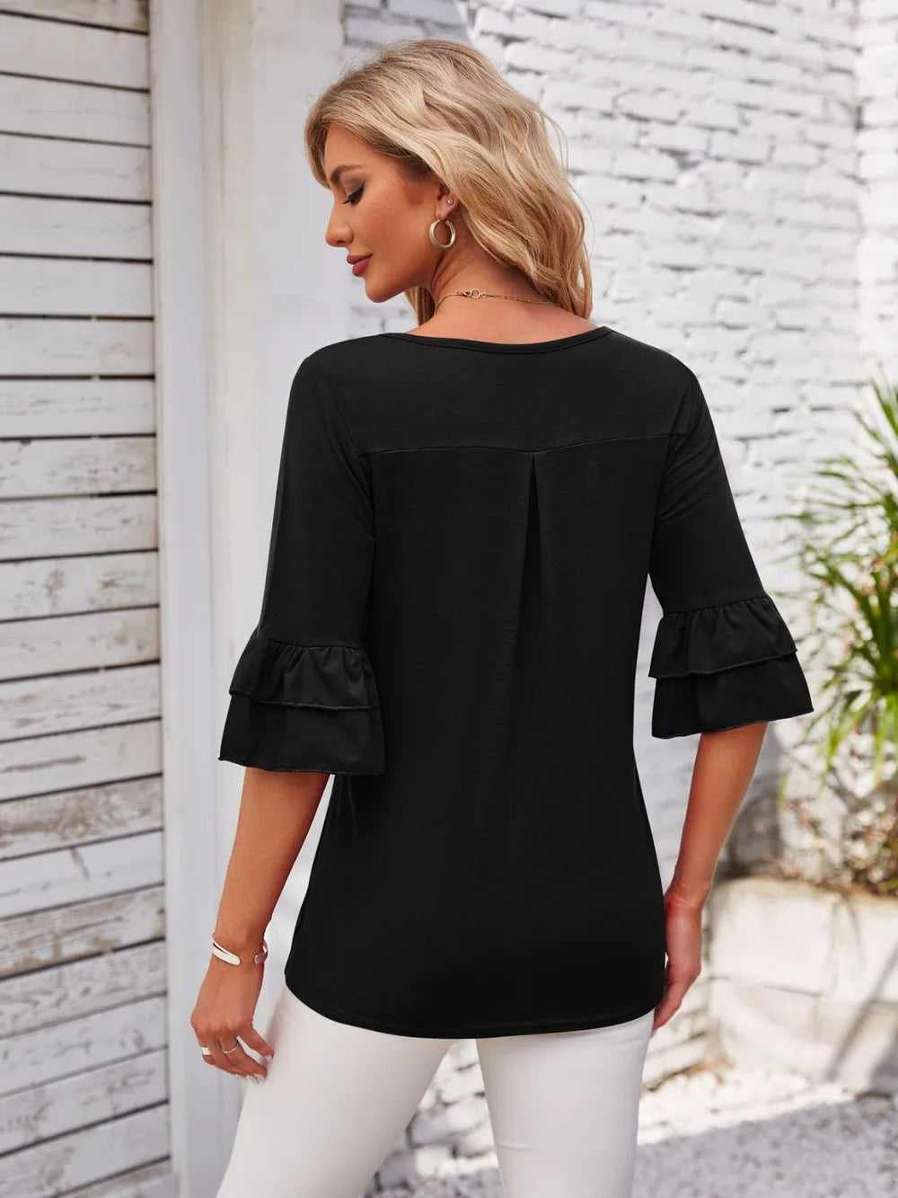 Ruffled Suqare Neck Half Sleeve Blouse - Korvel